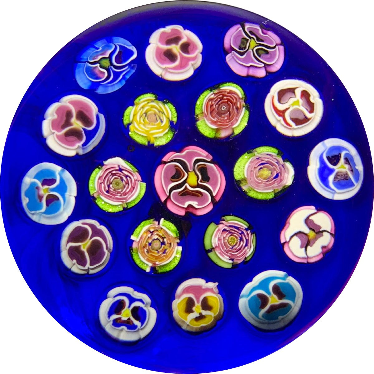 Parabelle Glass 1998 "Artist Proof" Spaced Concentric Rose and Pansy Millefiori on Blue
