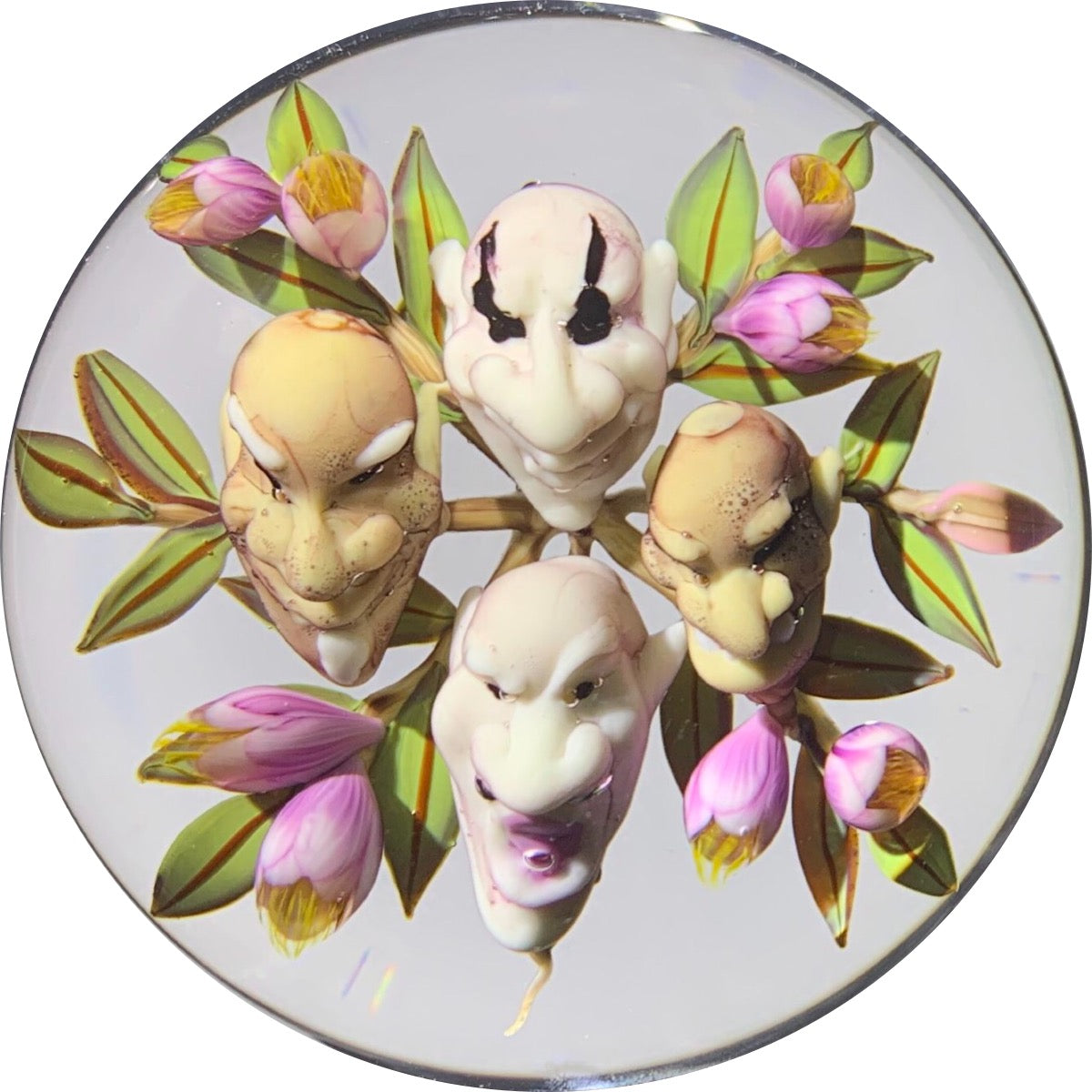 Jim D'Onofrio 2003 Lampwork Garden Gnome Bouquet on Clear Ground