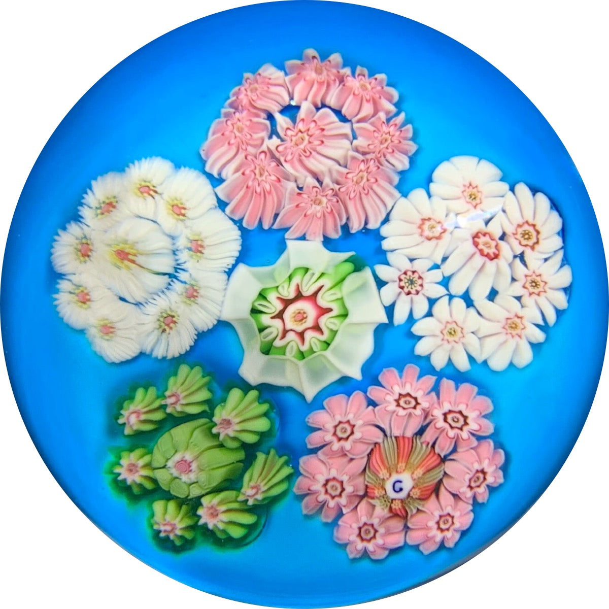 Rare Antique Clichy Millefiori Roundels on Blue Ground with Signature "C" Cane