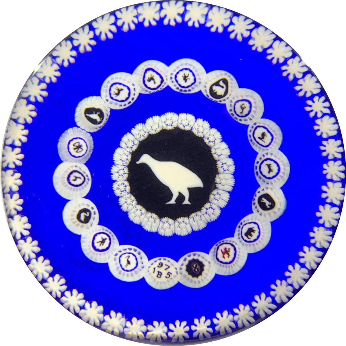 Baccarat 1975 Partridge Gridel Silhouette with Concentric Silhouette Canes & Millefiori on Blue