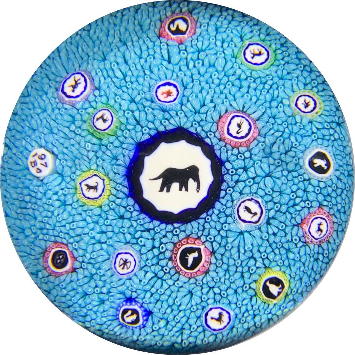 Baccarat 1970 Blue Millefiori Carpet Ground with Large Elephant Gridel Cane Center and Scattered Silhouettes