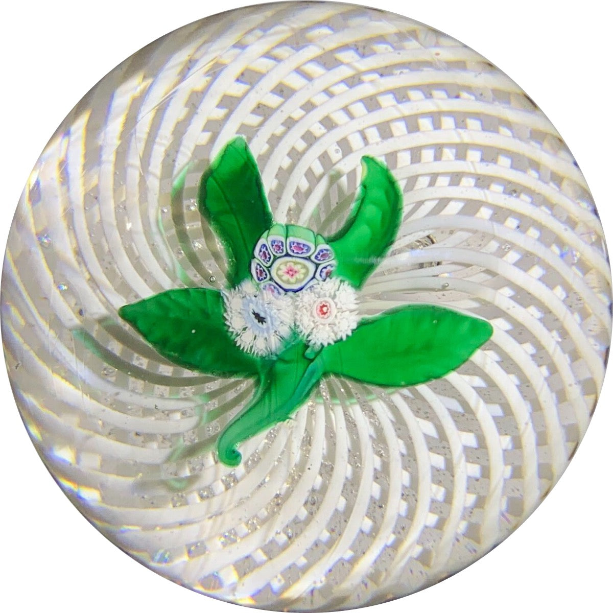 Antique New England Glass Co. NEGC Millefiori Nosegay on White Spiral Filigree Basket