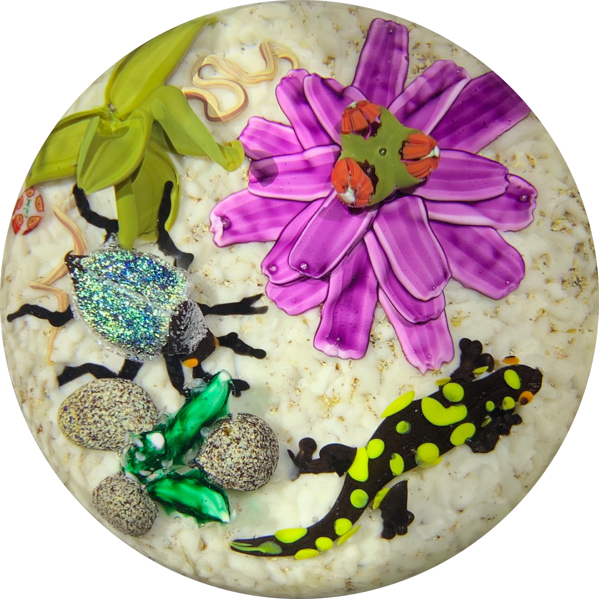 Contemporary Mickael Hingant Lampwork Fire Salamander & Dichroic Beetle with Flora