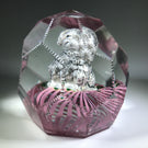 Large Antique Bohemian Art Glass Faceted Paperweight Dog Sulphide on Pink Cushion