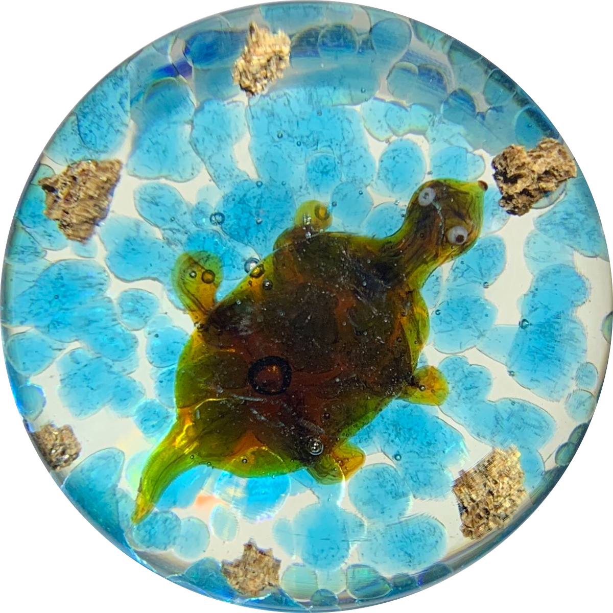 Harold Hacker Lampwork Turtle on Mottled Blue with Rocks