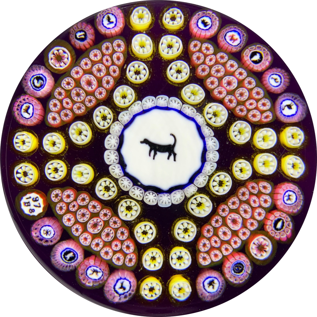 Baccarat 1978 Dog Gridel Silhouette with Patterned Silhouette Canes & Millefiori on Purple
