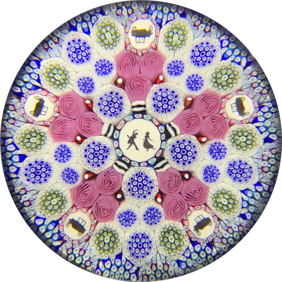 Michael Hunter Twists Studio 2019 Art Glass Paperweight Concentric Millefiori 1920s Style Model-Ts & Dancers