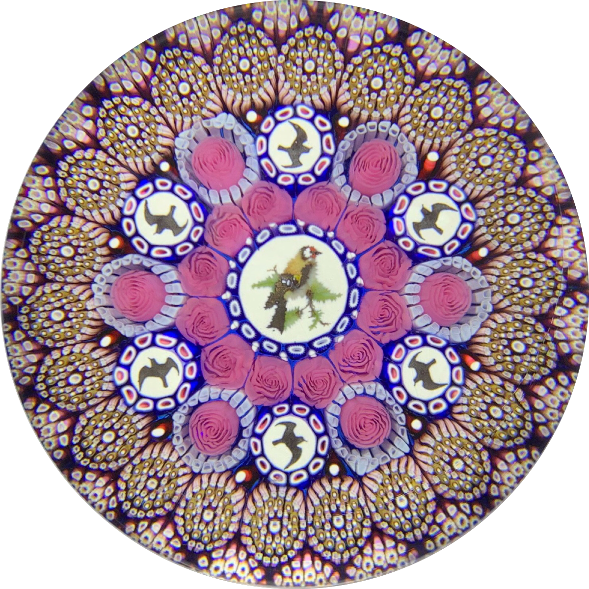 Michael Hunter Twists Studio 2019 Art Glass Paperweight Concentric Millefiori Gold Finch Murrine & Bird Silhouettes