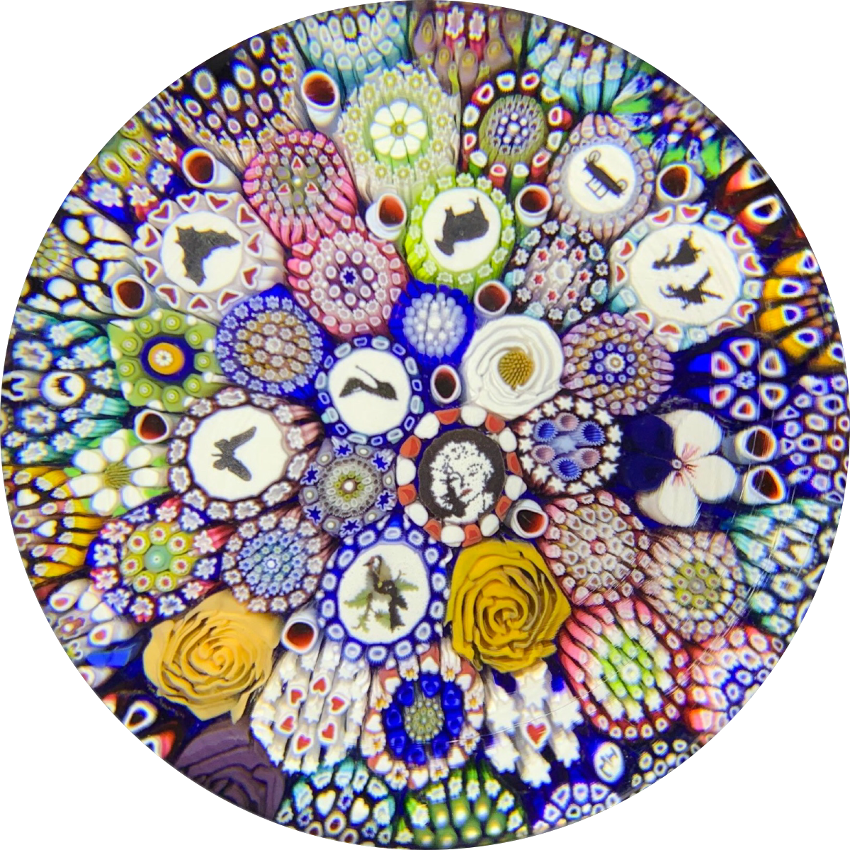 Michael Hunter 2019 Art Glass Paperweight & Matching Custom-Cut Wooden Jigsaw Puzzle Millefiori Closepack with Murrine & Silhouette Canes