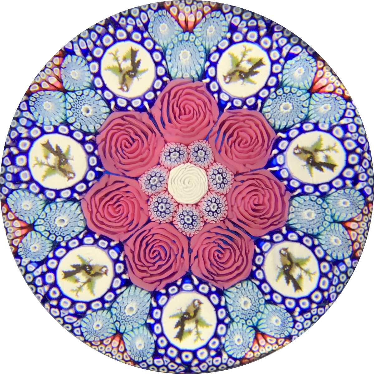 Michael Hunter Twists Studio 2019 Art Glass Paperweight Concentric Millefiori & 7 Gold Finch Murrine