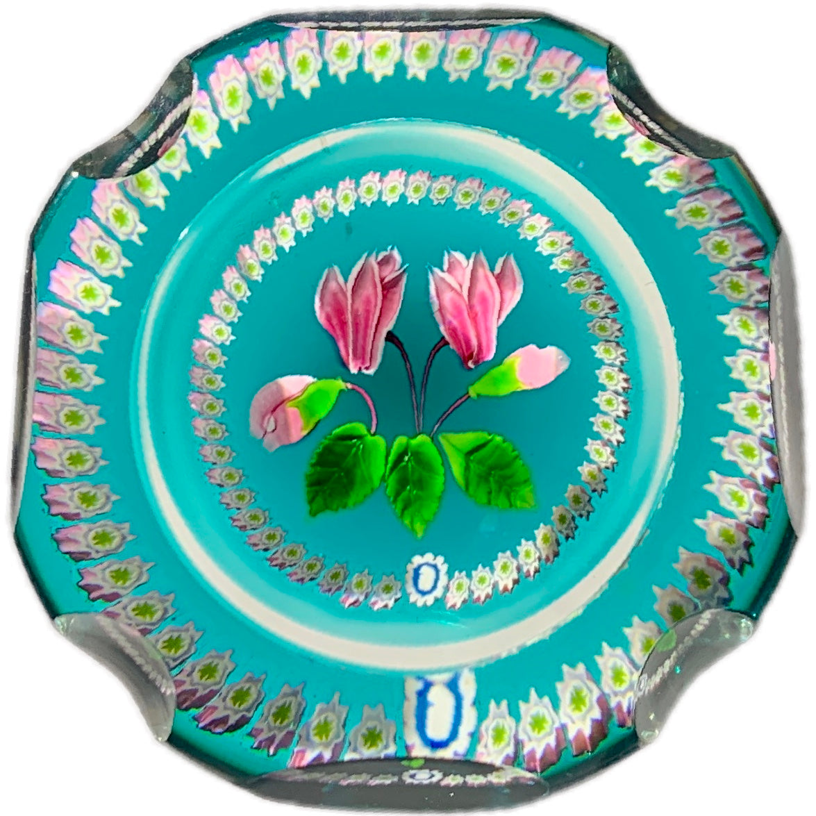 Caithness Whitefriars Lampwork Cyclamen & Millefiori Garland on Blue