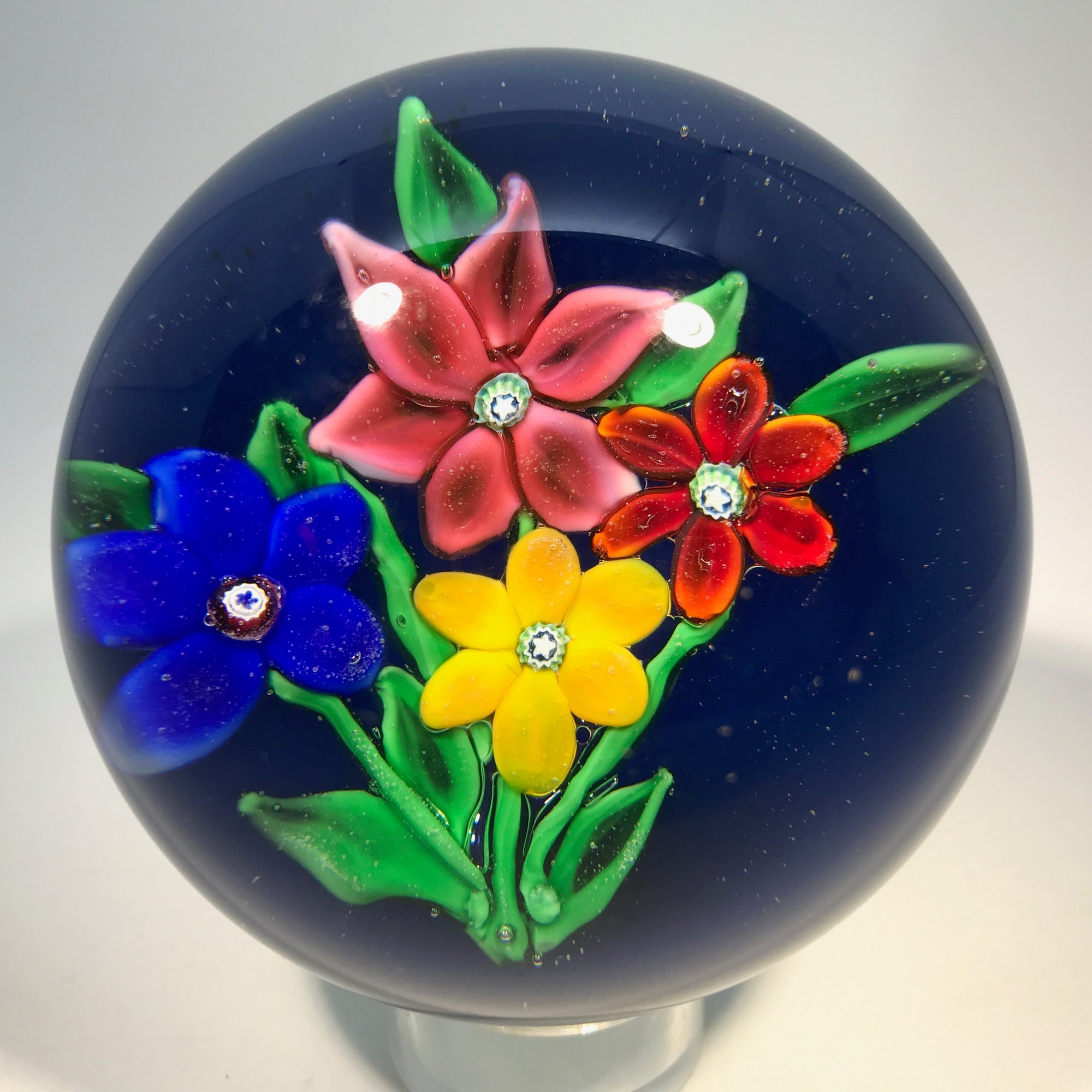 Signed Ronald Hansen Art Glass Paperweight Lampwork Flower Bouquet