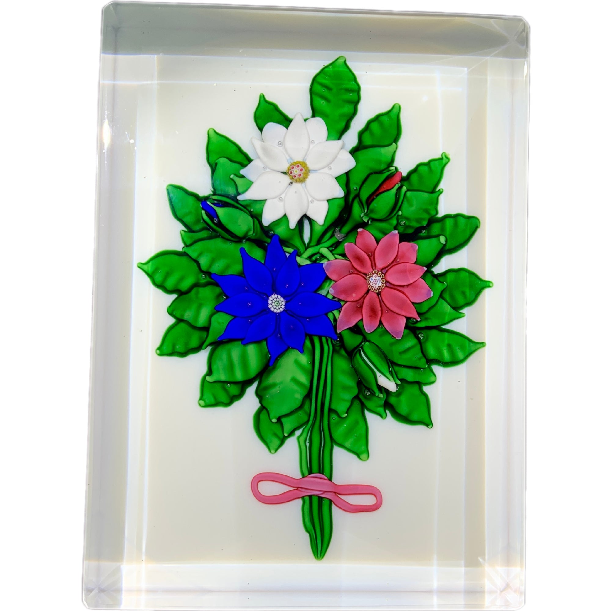 Saint-Louis 1984 Rectangular Plaque Lampwork Flower Bouquet on Opaque White Ground