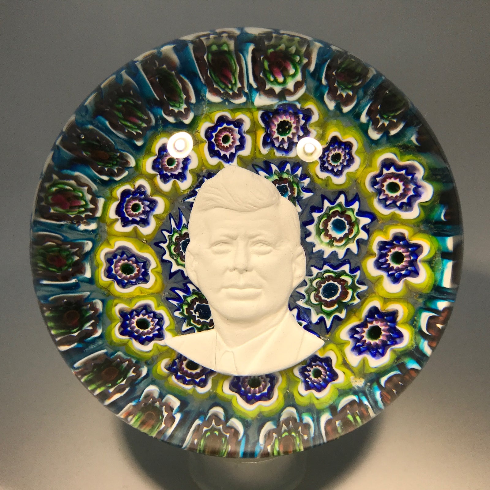 Vintage Murano Ferro Lazzarini Art Glass Paperweight JFK Sulphide on Millefiori