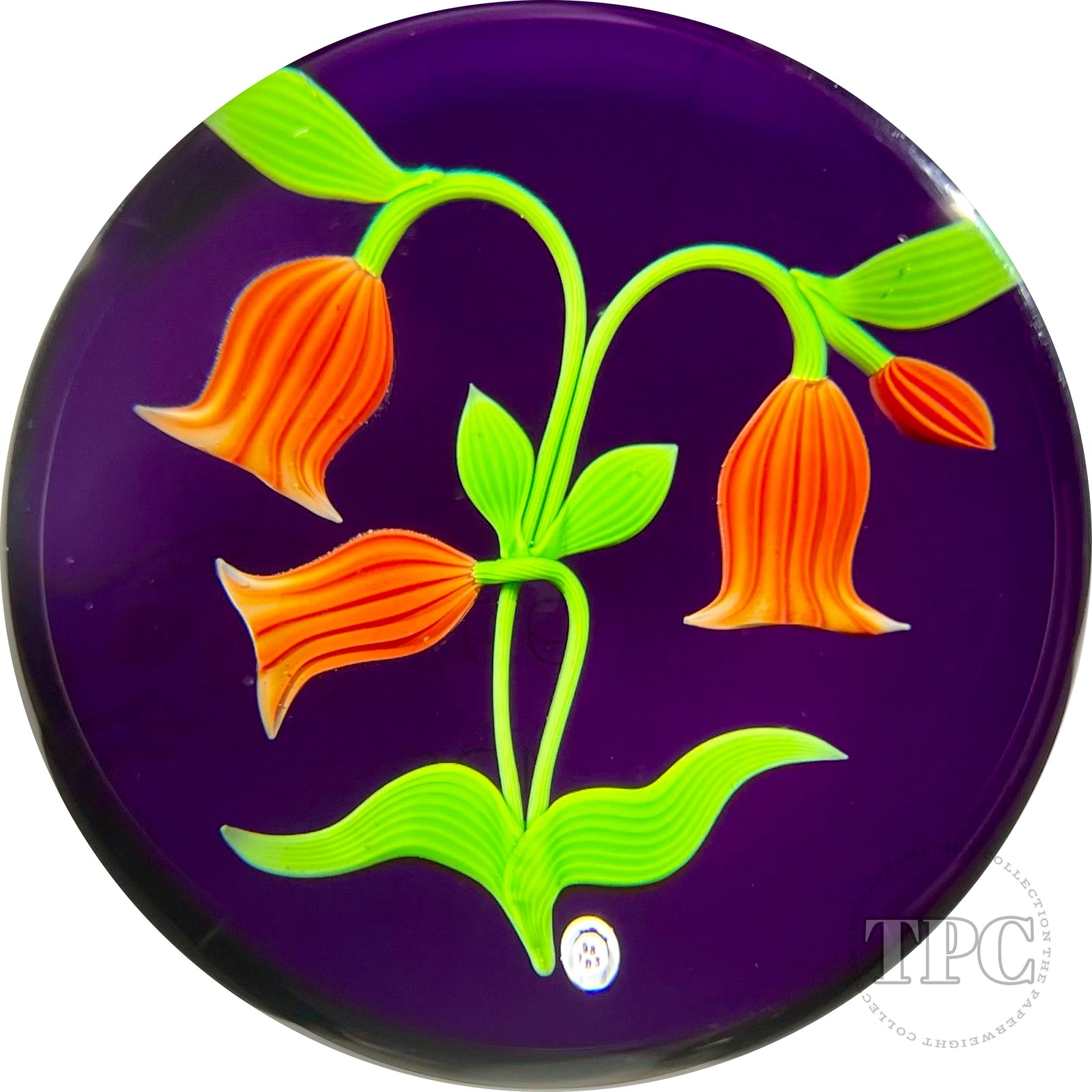 Baccarat 1983 LE Glass Art Paperweight Flamework Red Bell Flowers on Transparent Amethyst Ground