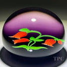 Baccarat 1983 LE Glass Art Paperweight Flamework Red Bell Flowers on Transparent Amethyst Ground