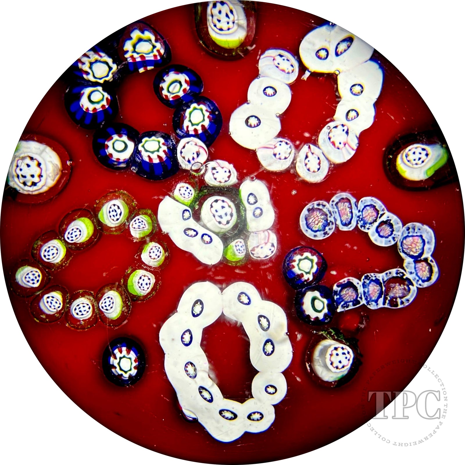 Unknown Antique European Glass Art Paperweight Patterned Complex Millefiori on Opaque Red Ground