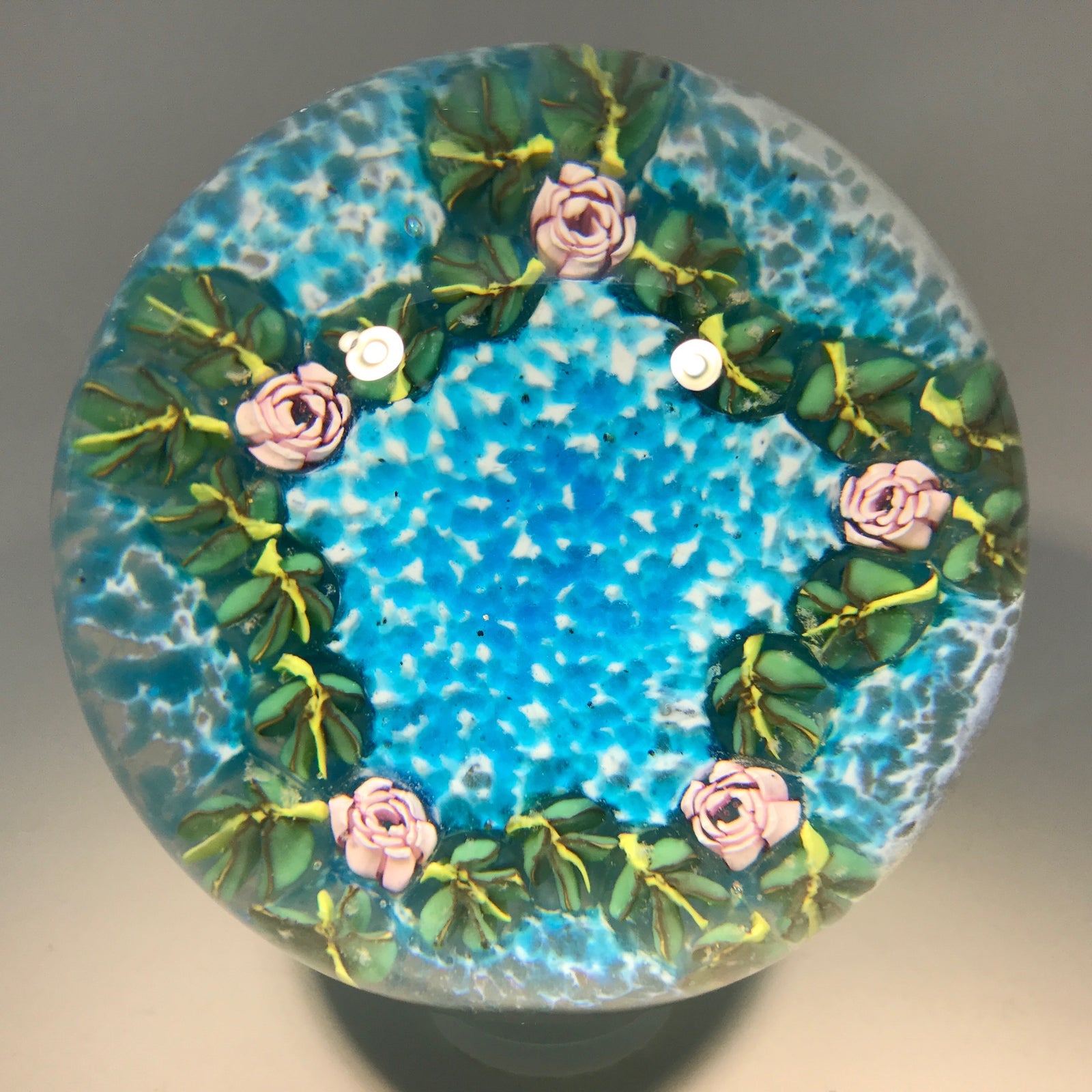 Vintage Murano Fratelli Toso Art Glass Paperweight Rose Cane Garland on Blue