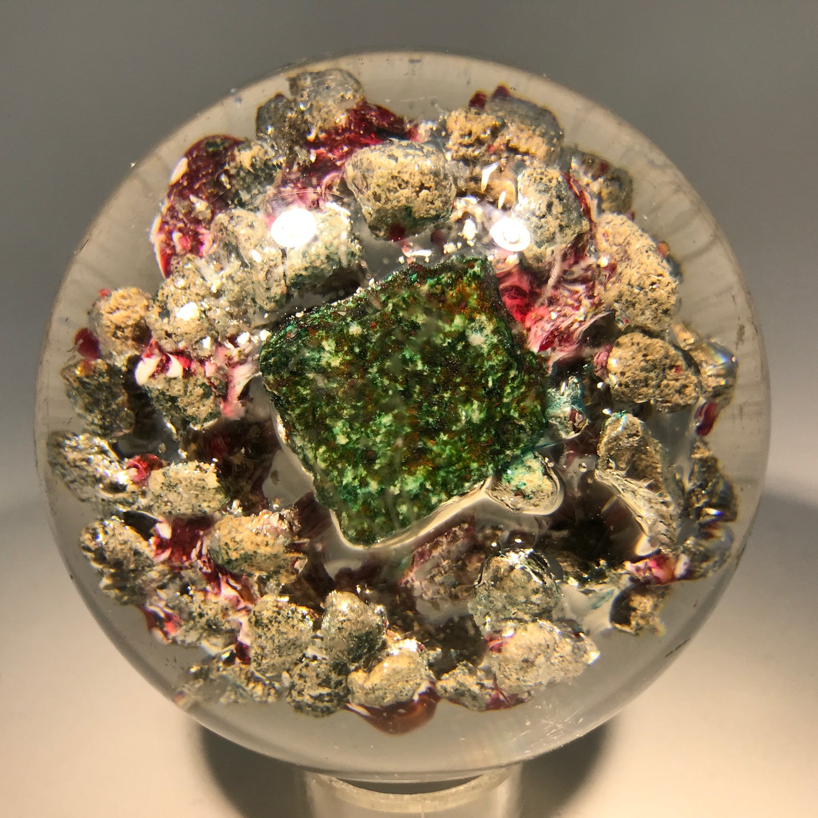 Unknown Antique Art Glass Paperweight Encased Green and White Stones