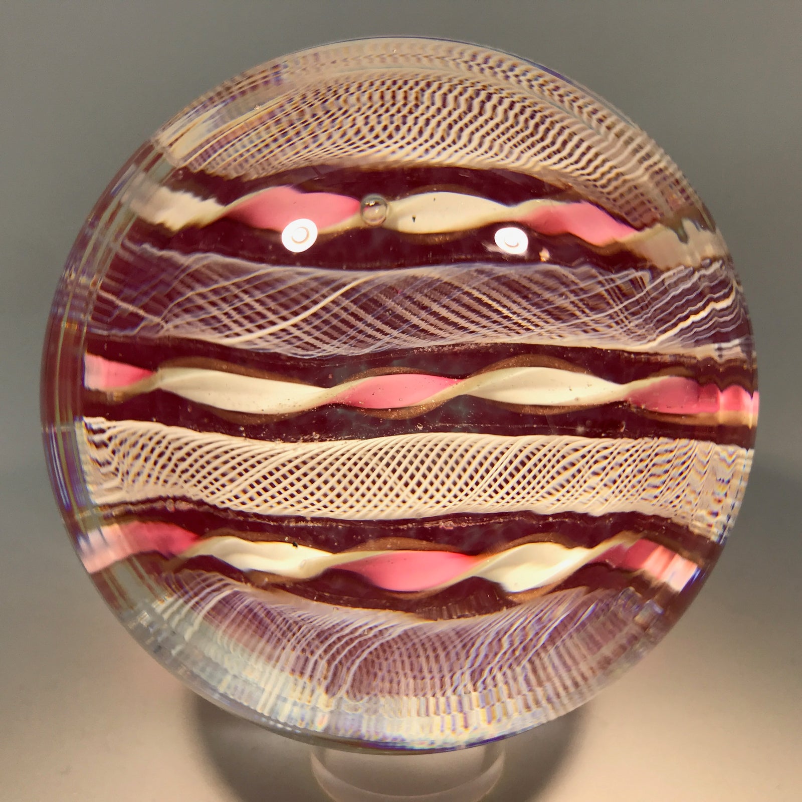 Vintage Murano Art Glass Paperweight Parallel Pink Ribbon and latticino