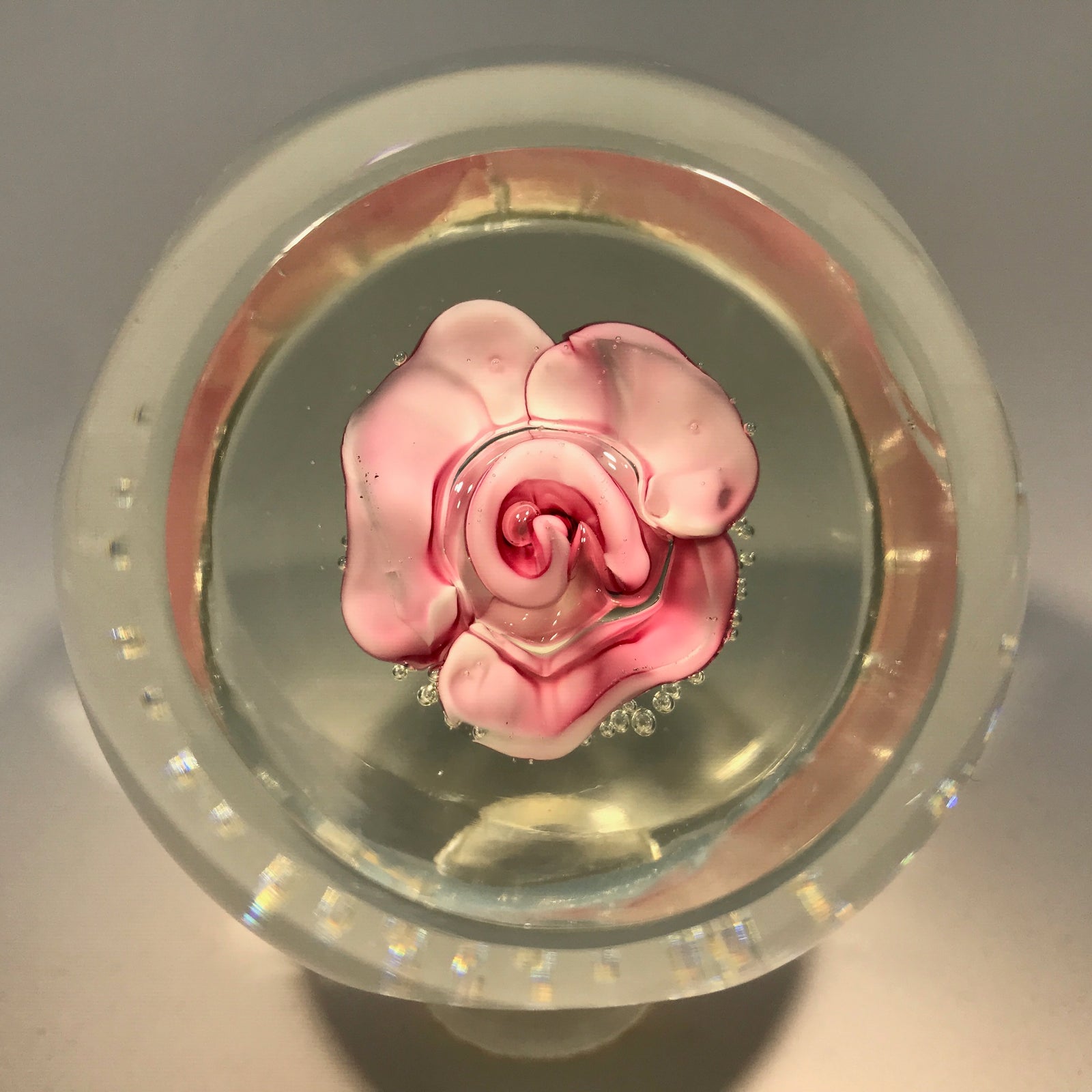 Vintage Murano Faceted Pink Crimp Rose Style Art Glass Paperweight