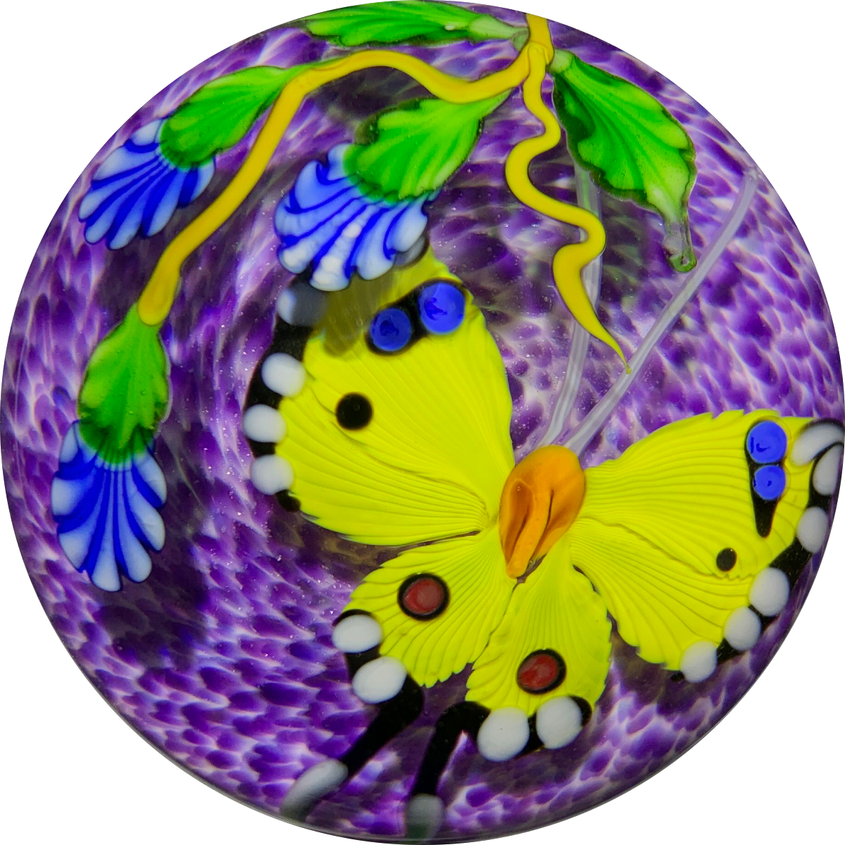Mayauel Ward 2019 Compound Torchwork Yellow Swallowtail Butterfly with Blue Blossom on Purple Ground