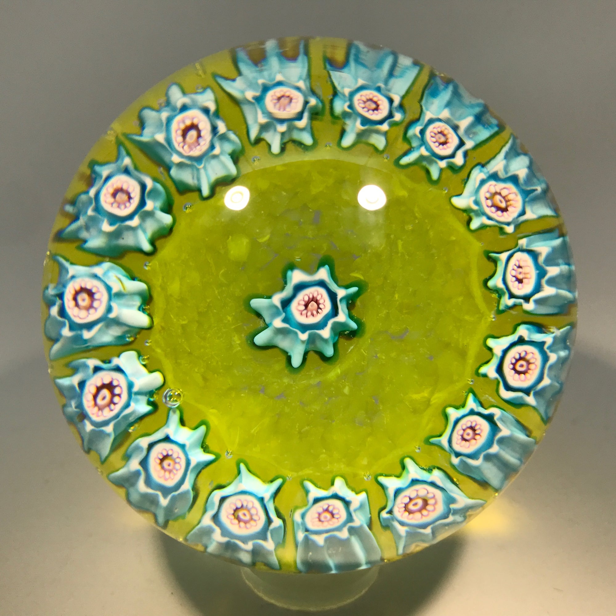 Vintage Murano Fratelli Toso Art Glass Paperweight Complex Millefiori Garland on Green