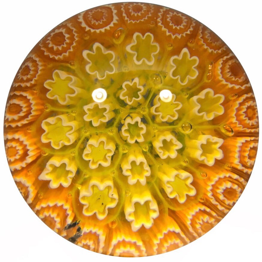 Vintage Murano Art Glass Paperweight Concentric Yellow & Orange Millefiori