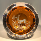 Antique Baccarat Faceted Art Glass Paperweight Amber Engraved Young Stag