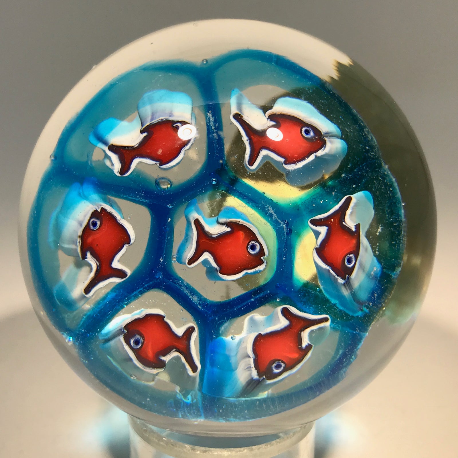Miniature Murano Art Glass Paperweight House of Goebel Figural Red & Blue Fish Canes