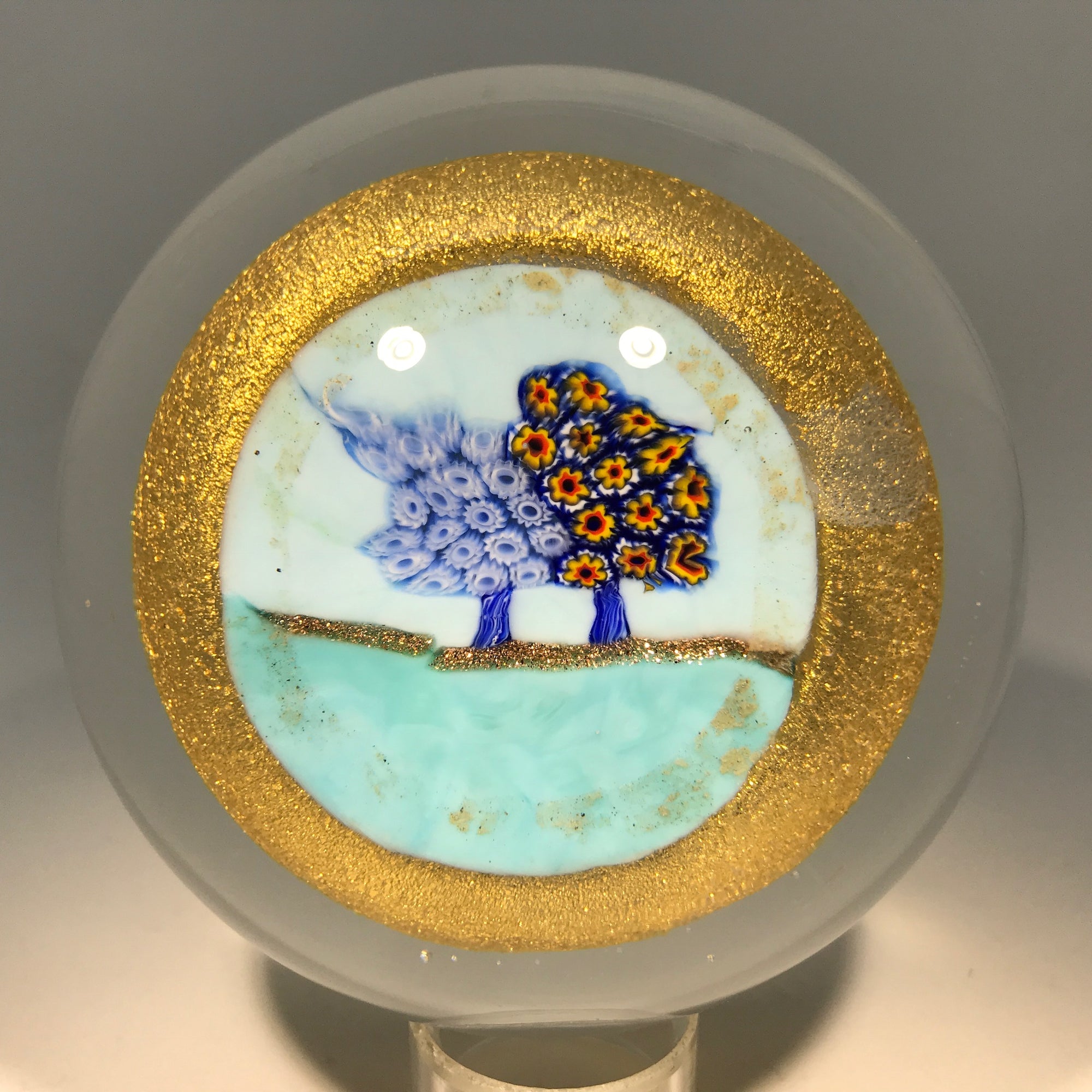 Unusual Murano Art Glass Paperweight Large Tree Murrine on Gold Aventurine