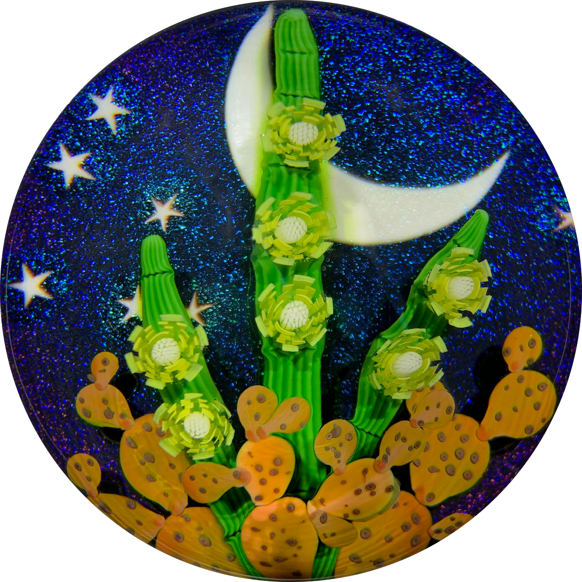 Steven Lundberg 1994 Compound Torchwork Blooming Cactus Against a Night Sky "Queen of the Night"