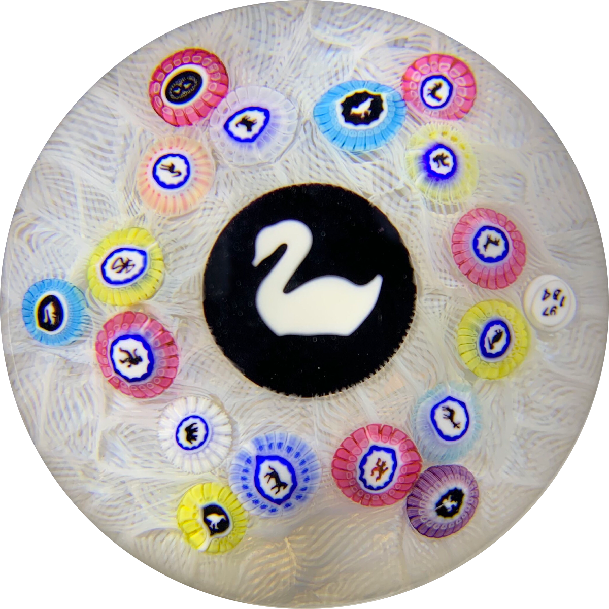 Baccarat 1974 Patterned Silhouette Canes with Large Swan Center on Upset Muslin Lace