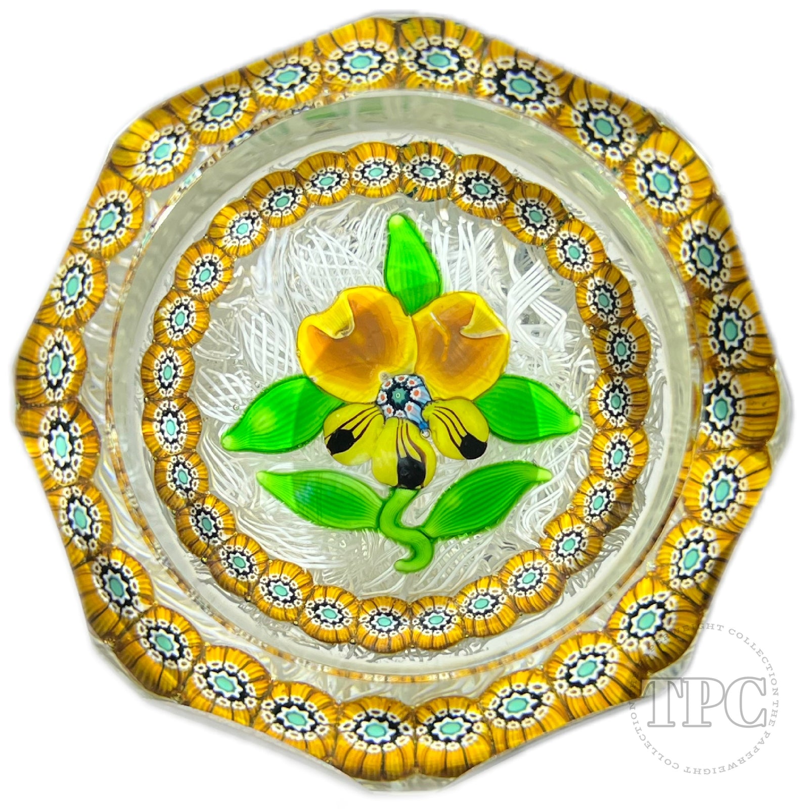 LE Perthshire Paperweights 1971B Glass Art paperweight Faceted Flamework Yellow Pansy With Millefiori Garland