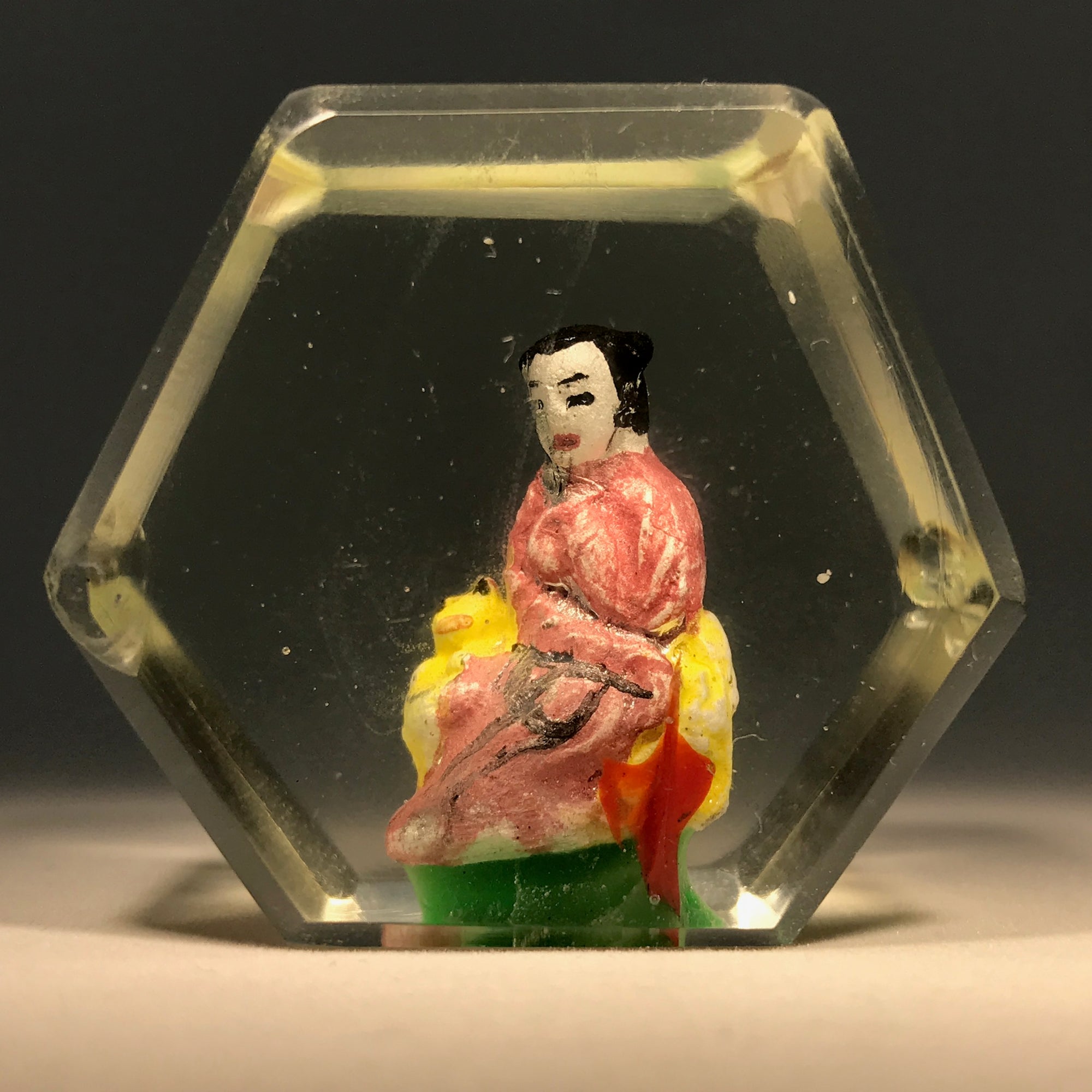 Rare Early Chinese Art Glass Paperweight Hand-Painted Sulphide Seated Monk