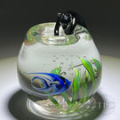 Signed Steven Corriea Glass Art Paperweight Torchwork Black Cat with Fishbowl