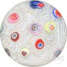 Vintage  Strathearn Glass Art paperweight Colorful Spaced Millefiori on White Upset Muslin Lace Cushion
