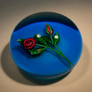 Charles Kaziun Jr. Art Glass Paperweight Lampwork Rose with Gold Bee Blue Ground