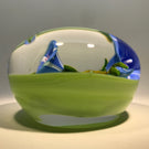 Signed Paul Stankard Art Glass Paperweight Lampwork Morning Glories on Green