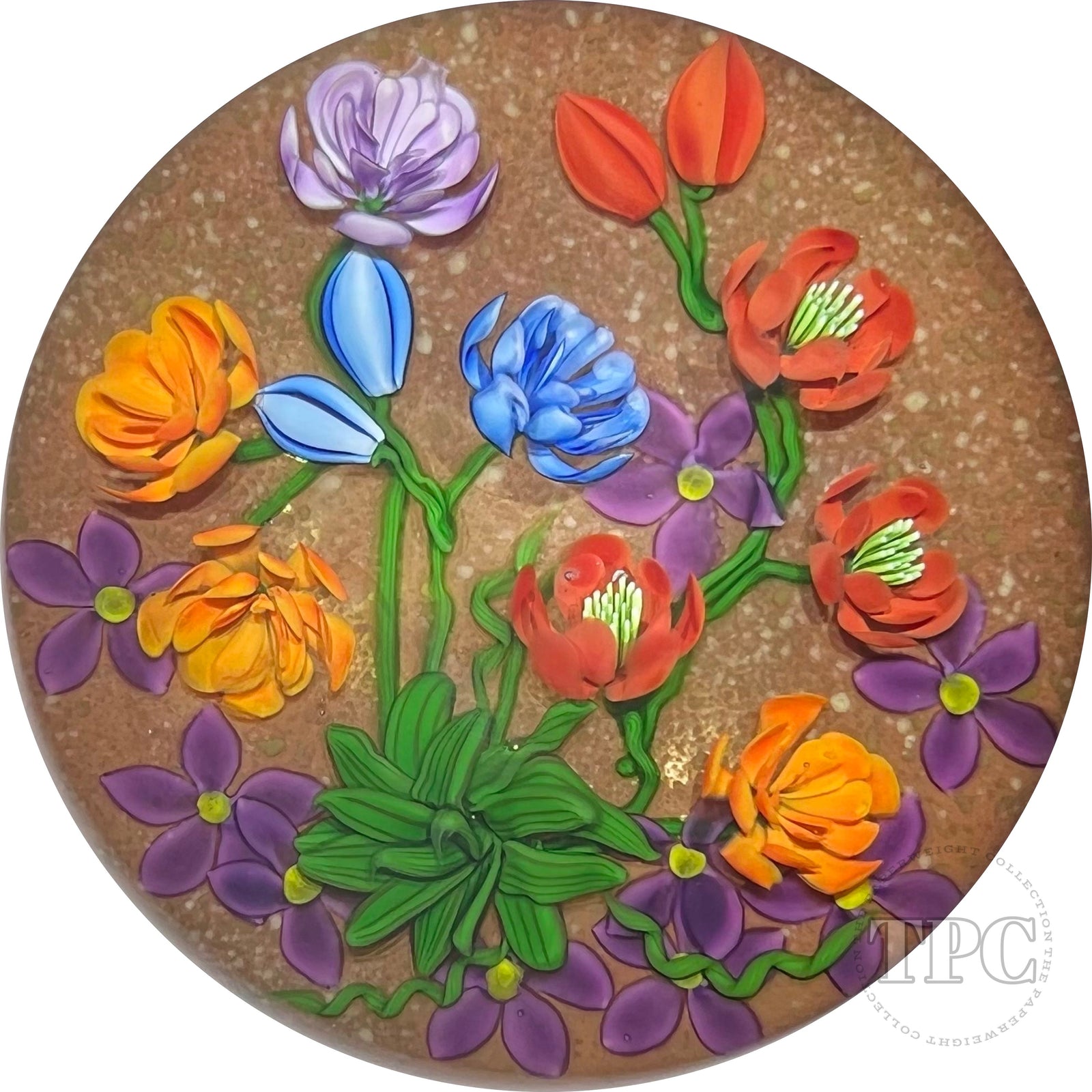 Early Ken Rosenfeld 1990 Glass Art Paperweight Flamework Floral Bouquet on Sand Ground