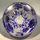 Antique Val St. Lambert Art Glass Paperweight Floral Engraved Blue Overlay