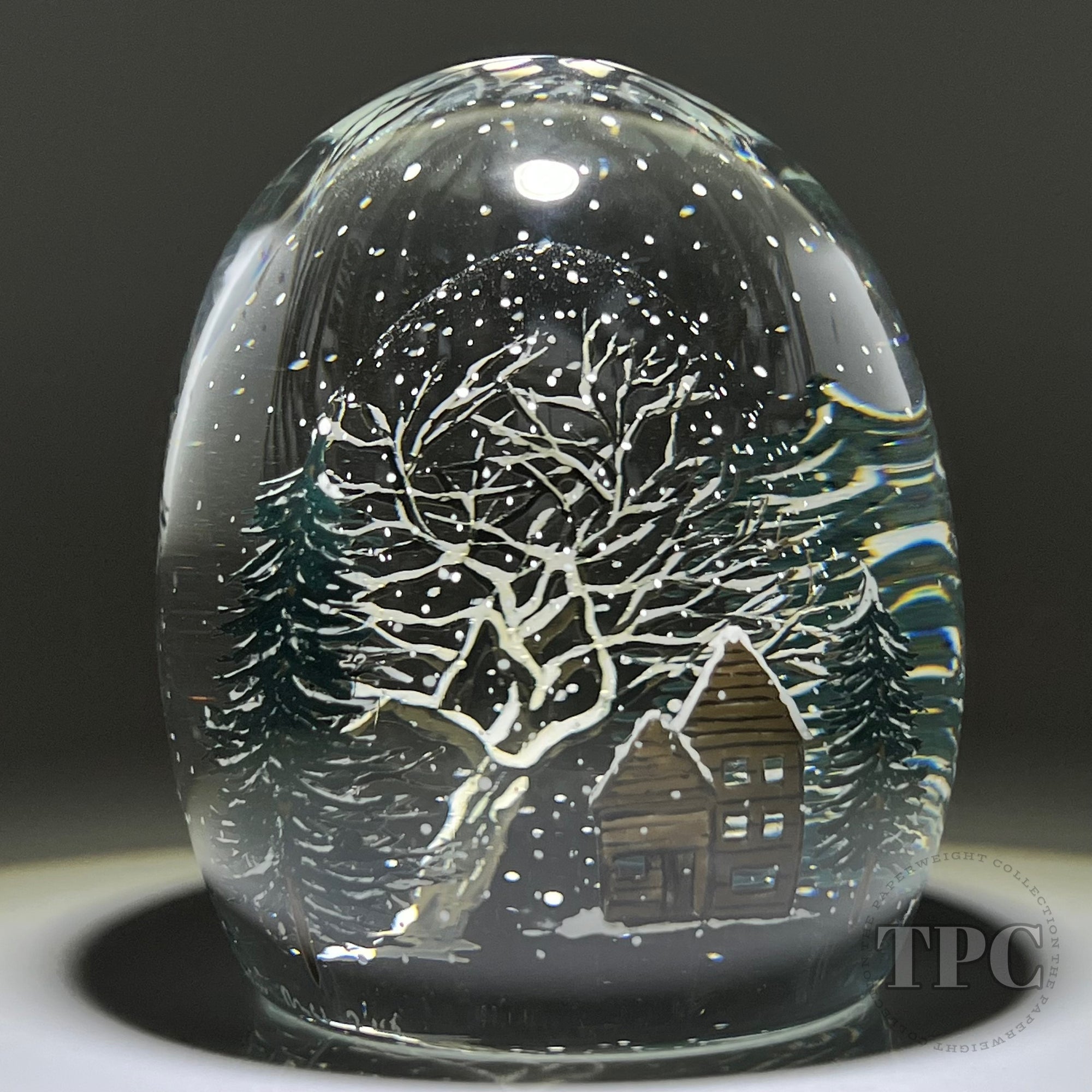 Alison Ruzsa 2015 Glass Art Sculpture Hand-Painted Enamels Cabin in the Woods & Falling Snow