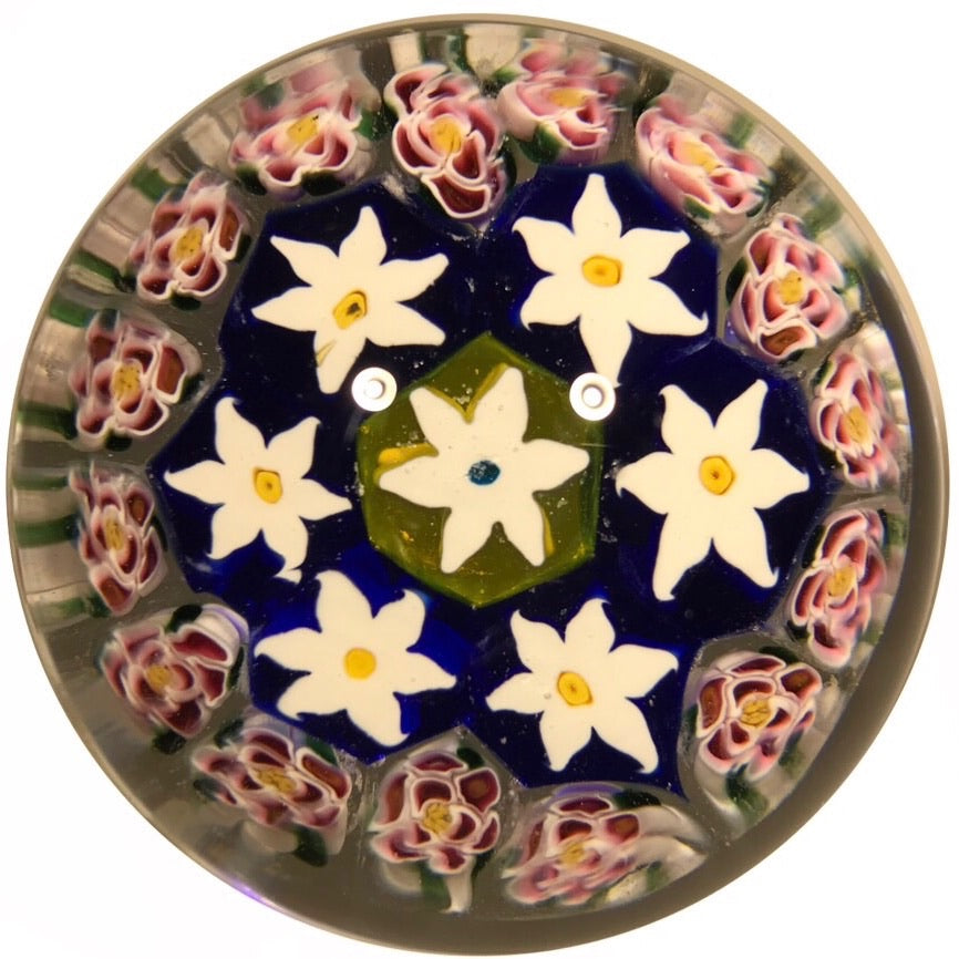 Early Murano Art Glass Paperweight Concentric Millefiori With Rose Canes