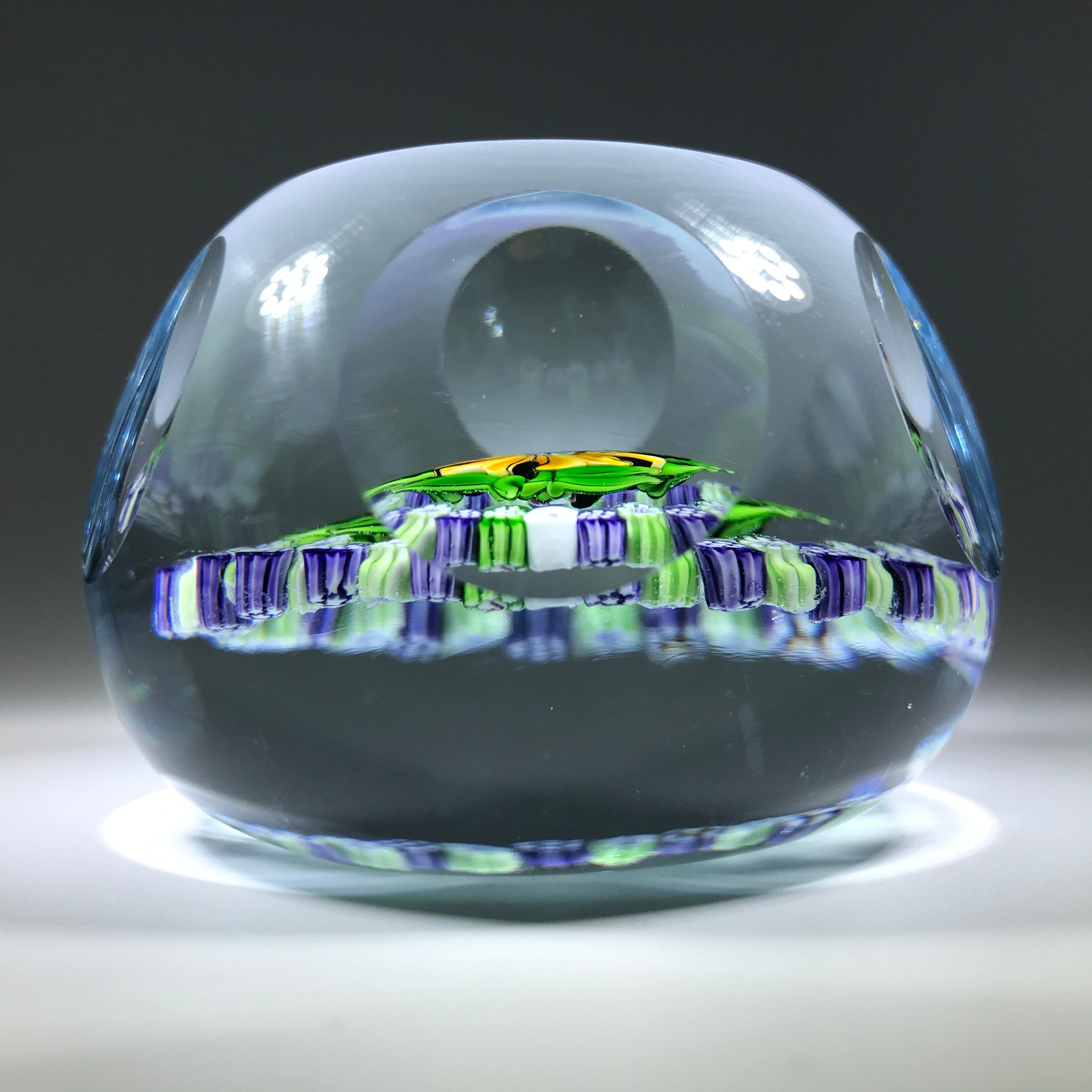 Vintage J Glass Allan Scott Art Glass Paperweight Pansy & Millefiori G