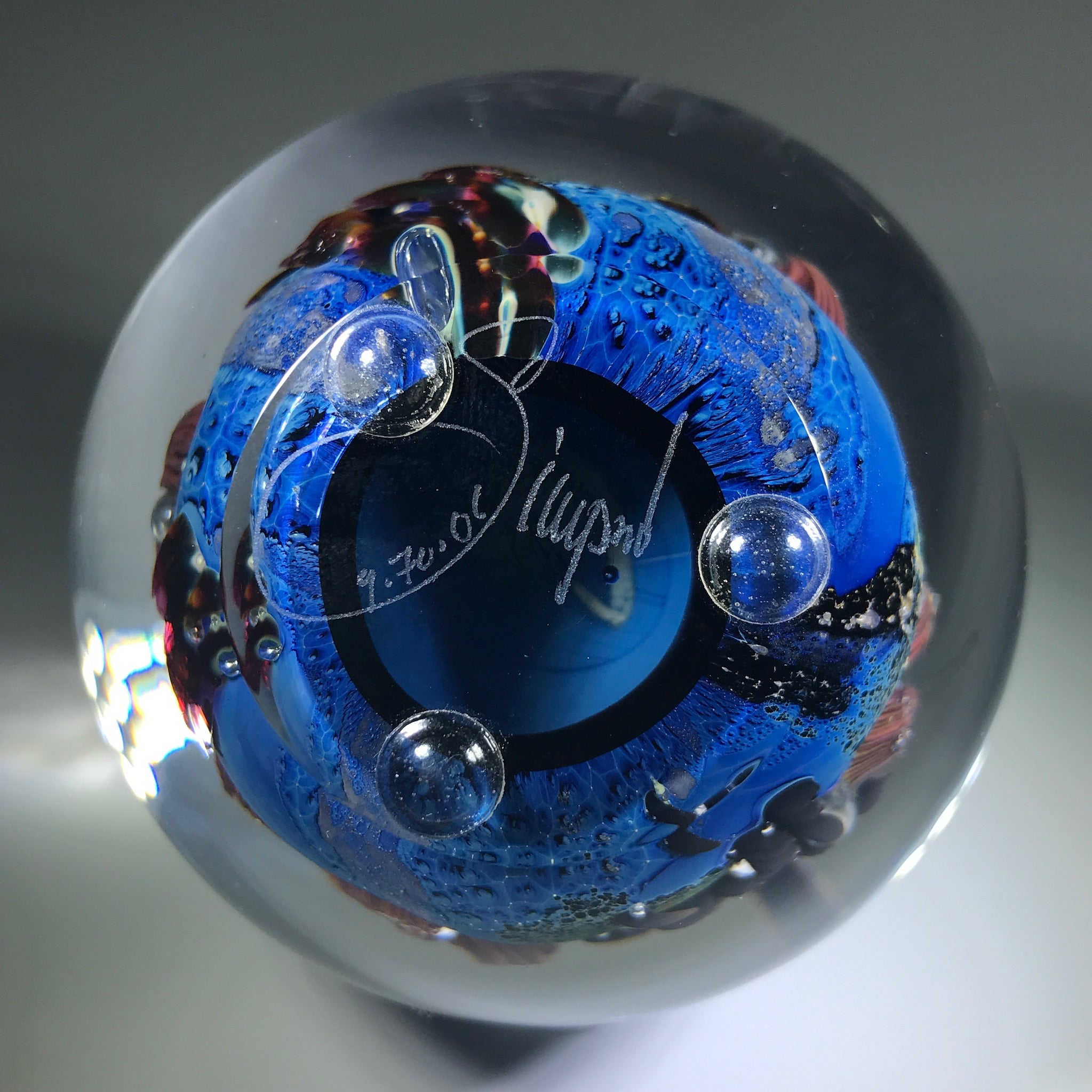 Signed Josh Simpson Art Glass Paperweight Detailed Inhabited Planet