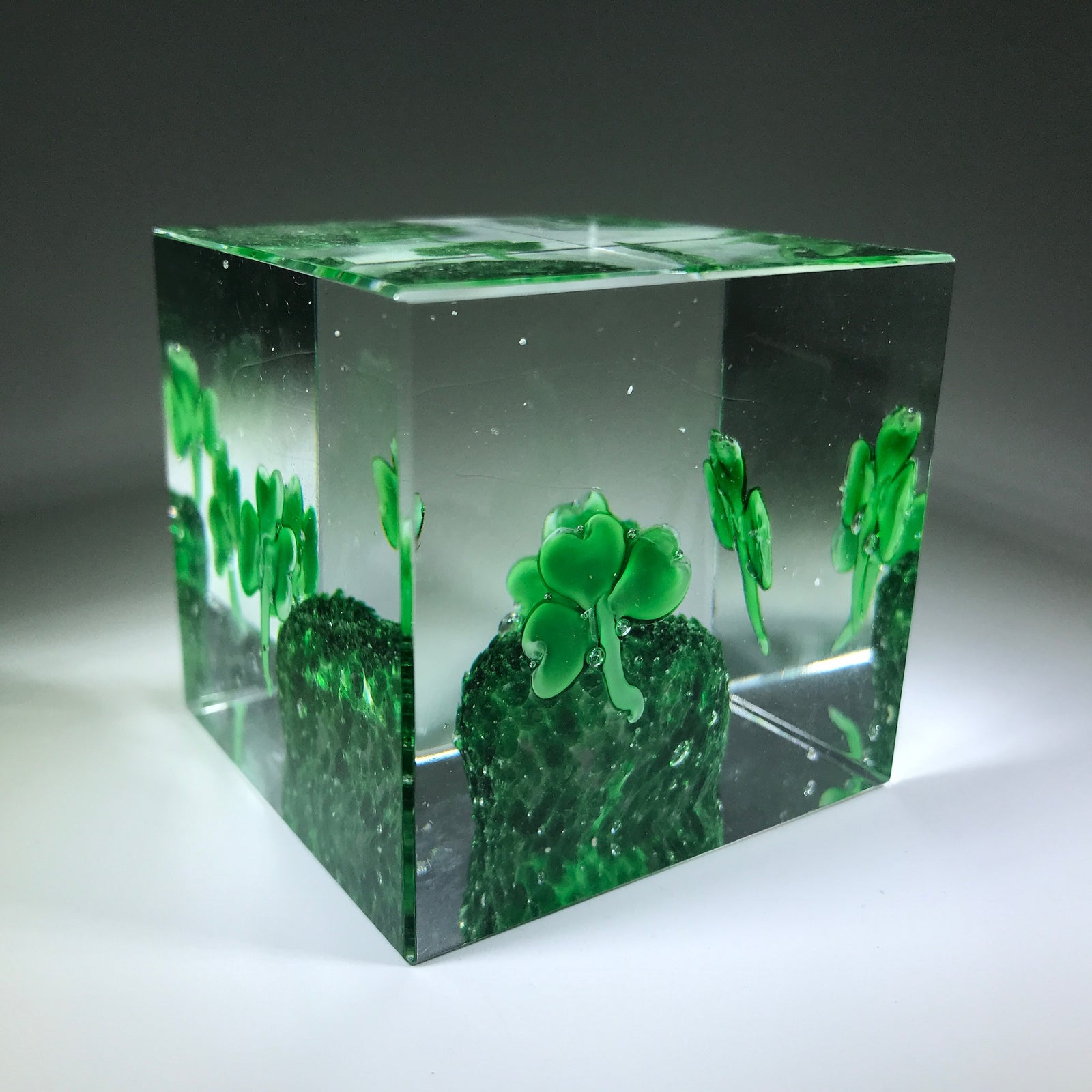 Unknown Maker Art Glass Block Paperweight Lampwork Shamrock Cube