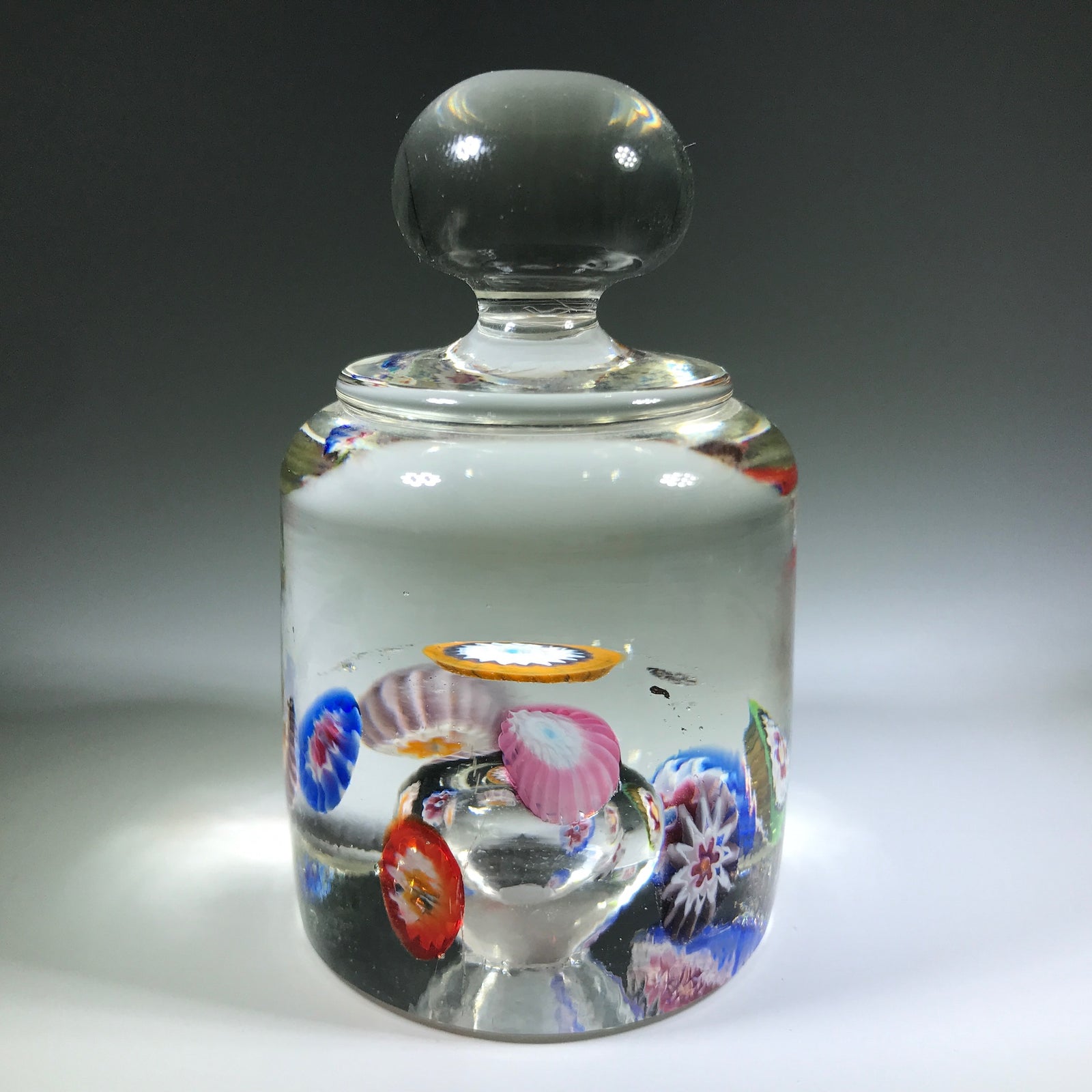 Vintage Murano Fratelli Toso Art Glass Paperweight Scattered Millefiori Cylinder W/ Knob