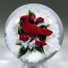 Signed Rick Ayotte Art Glass Paperweight Lampwork Cardinal w/ Red Berries & White Snow