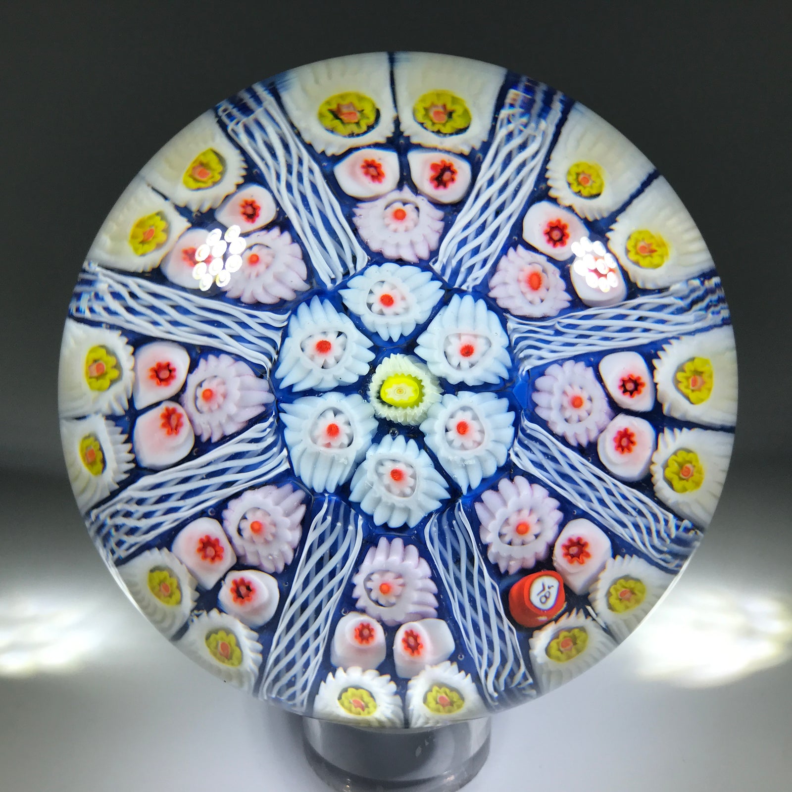 Vintage 1978 Strathearn Art Glass Paperweight Paneled Millefiori & Ribbon Twists on Blue