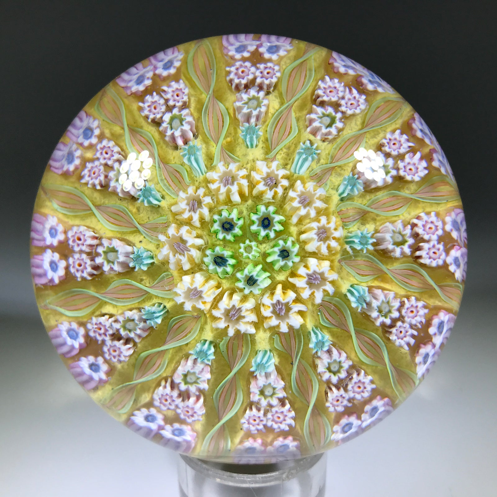 Vintage Perthshire Art Glass Paperweight Paneled Millefiori & Ribbon Twists Yellow PP2